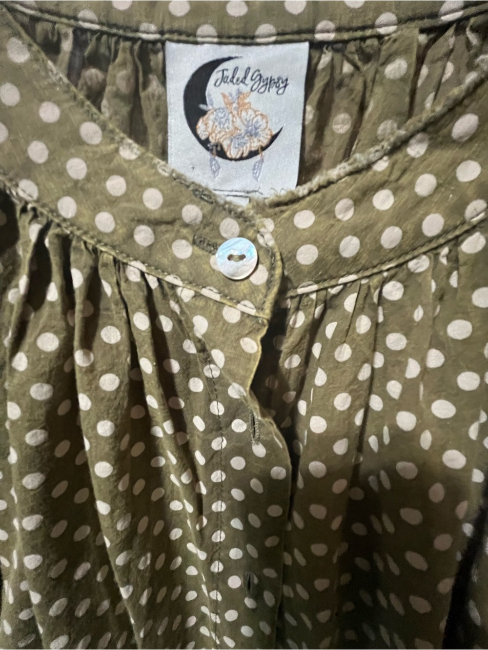 Jaded Gypsy oversized olive green white polka-dots  versatile. Boho Raw Hems OS - Picture 2 of 10